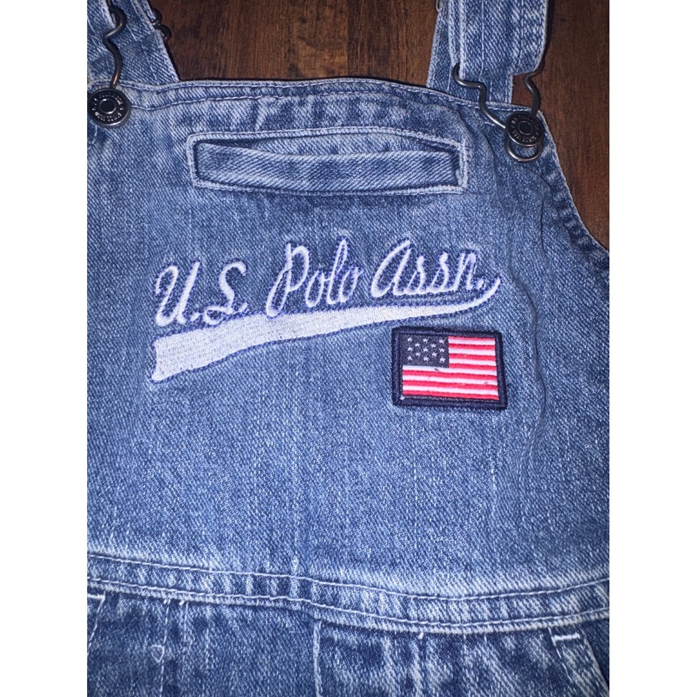 US Polo Assn Kids Denim Shortalls Blue Overalls 4T USA Flag 90 Graphic Vintage - Picture 5 of 7